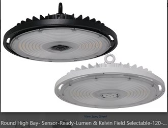 ROUND LED HIGHBAY, 22L, 18L, AND 16L NOMINAL LUMENS, 4K AND 5K BLACK HOUSING, IRON MOUNTING RING, 120-277V, 50/60 HZ INPUT, 0-10 VDC DIMMING DRIVER, 6 FOOT INCOMING POWER CORD